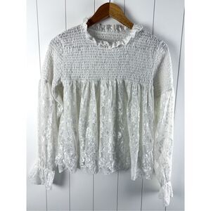 Sample Sale UO Anthropologie White Smocked Lace Long Sleeve Top Size S/M